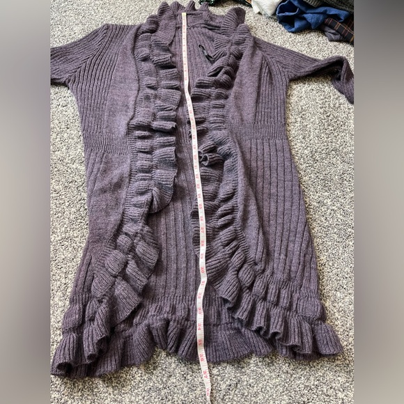 Elisabetta Purple Ruffle Front Long Cardigan Wool Blend Sweater L Made in Italy - Picture 8 of 8